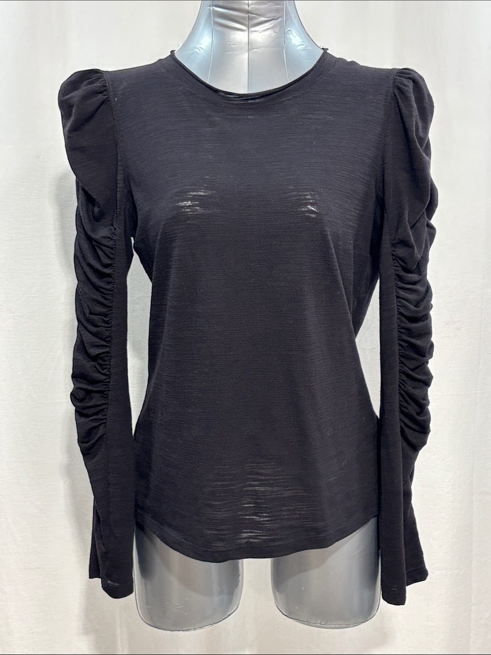 Black Ruched-Sleeve Long Sleeve Tee 355 stretch work party every day chic sheer - Picture 1 of 4